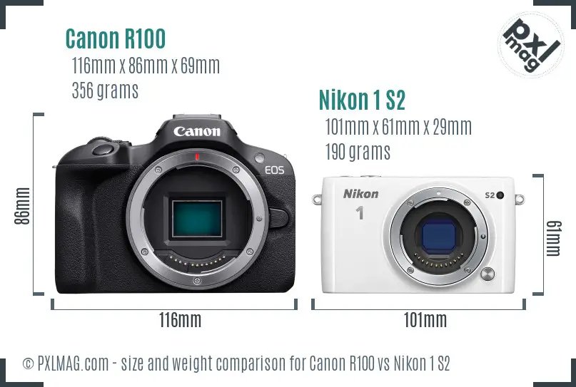 Canon R100 vs Nikon 1 S2 size comparison