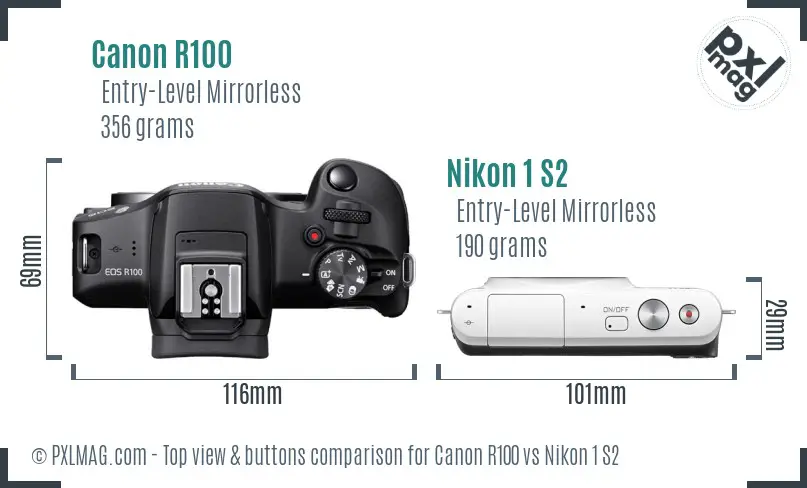 Canon R100 vs Nikon 1 S2 top view buttons comparison