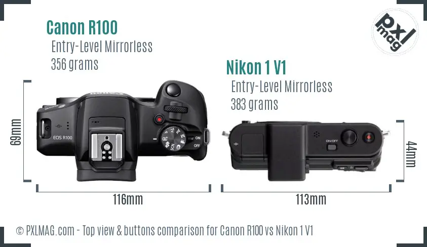 Canon R100 vs Nikon 1 V1 top view buttons comparison
