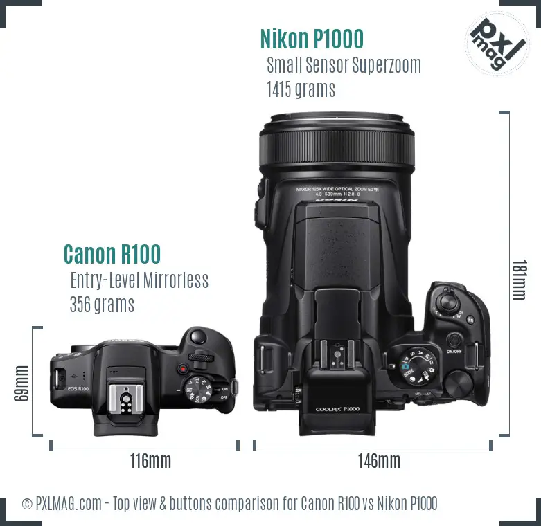 Canon R100 vs Nikon P1000 top view buttons comparison Canon R100 vs Nikon P1000 top view buttons comparison