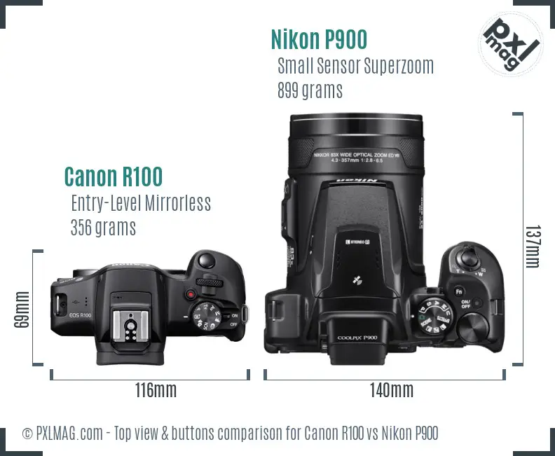 Canon R100 vs Nikon P900 top view buttons comparison Canon R100 vs Nikon P900 top view buttons comparison