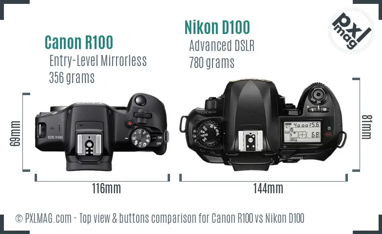 Canon R100 vs Nikon D100 top view buttons comparison Canon R100 vs Nikon D100 top view buttons comparison