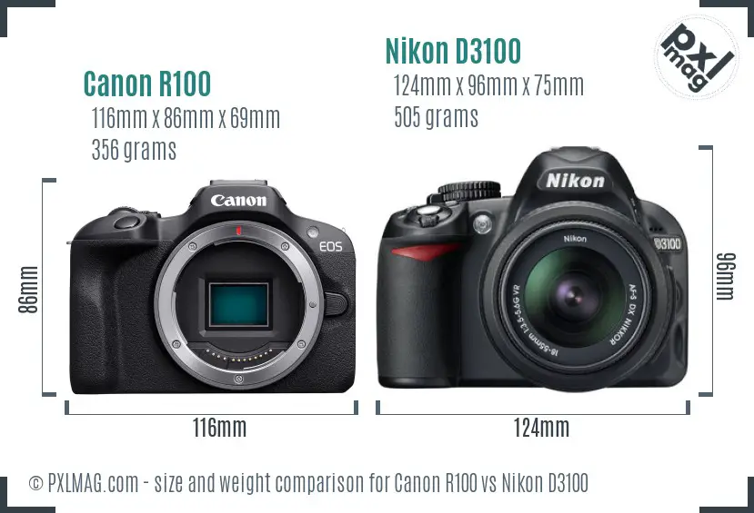 Canon R100 vs Nikon D3100 size comparison Canon R100 vs Nikon D3100 size comparison