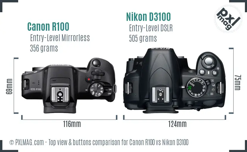 Canon R100 vs Nikon D3100 top view buttons comparison Canon R100 vs Nikon D3100 top view buttons comparison