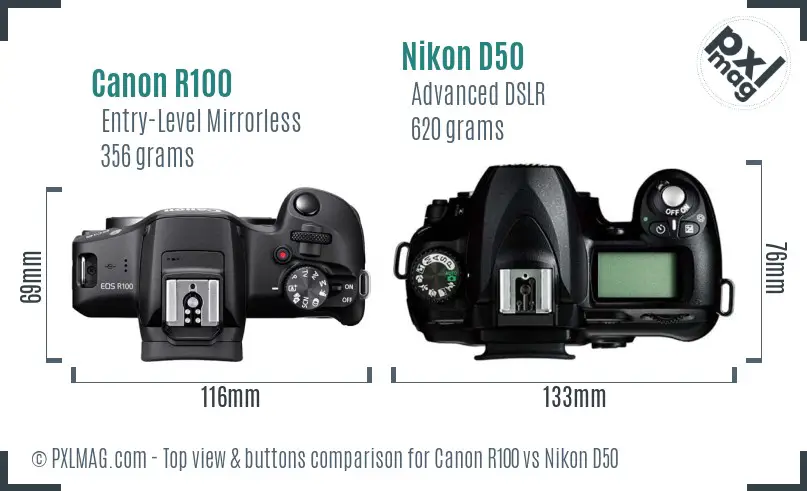 Canon R100 vs Nikon D50 top view buttons comparison