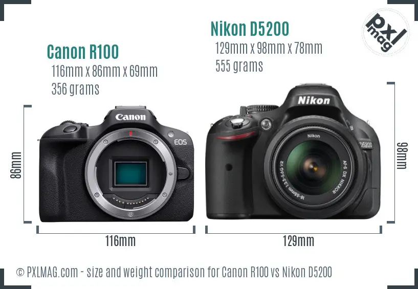 Canon R100 vs Nikon D5200 size comparison