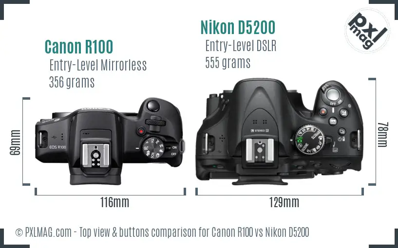 Canon R100 vs Nikon D5200 top view buttons comparison