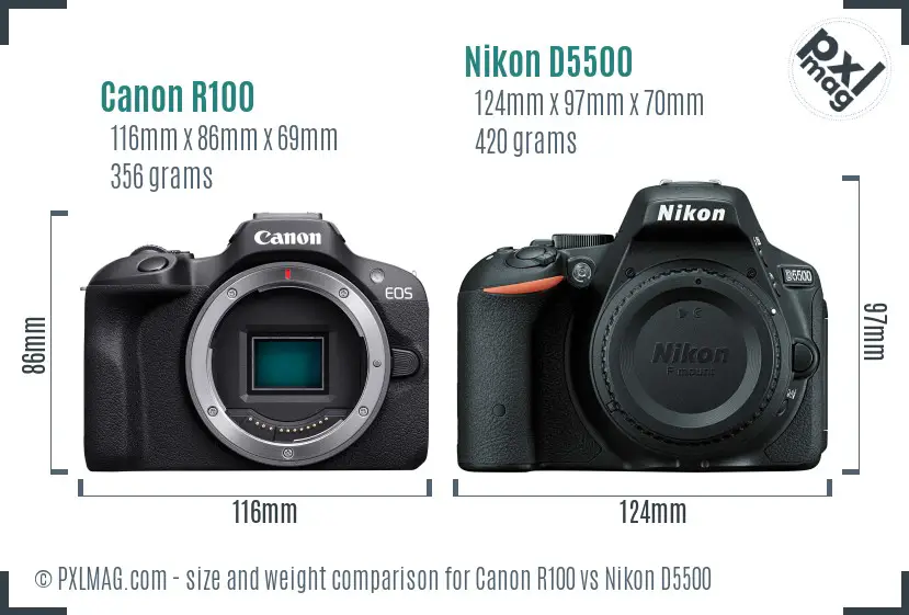 Canon R100 vs Nikon D5500 size comparison Canon R100 vs Nikon D5500 size comparison
