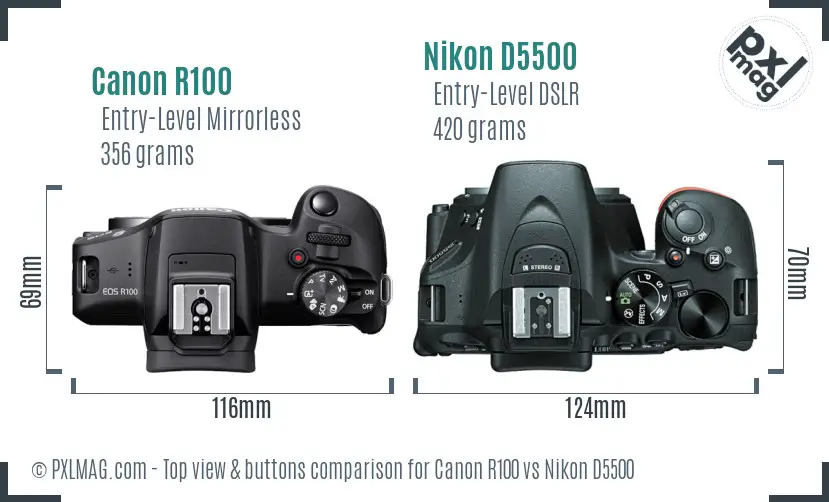 Canon R100 vs Nikon D5500 top view buttons comparison Canon R100 vs Nikon D5500 top view buttons comparison