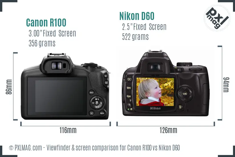 Canon R100 vs Nikon D60 Screen and Viewfinder comparison Canon R100 vs Nikon D60 Screen and Viewfinder comparison