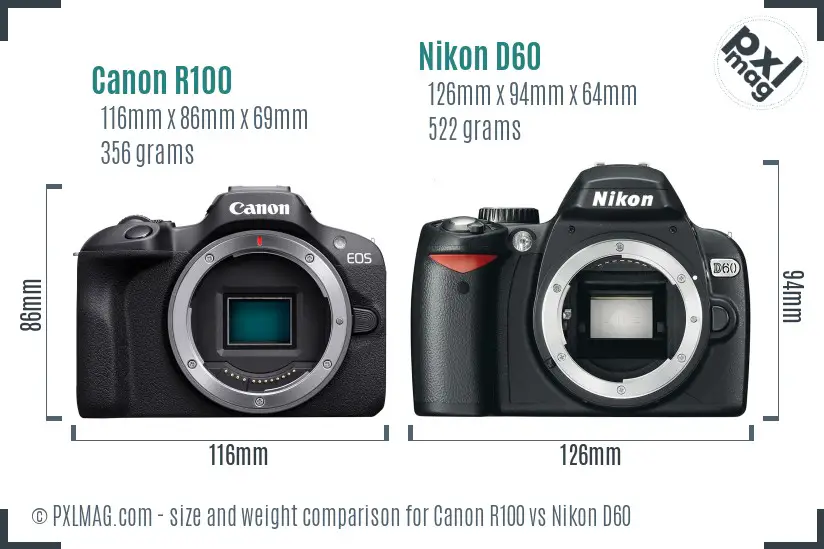 Canon R100 vs Nikon D60 size comparison Canon R100 vs Nikon D60 size comparison
