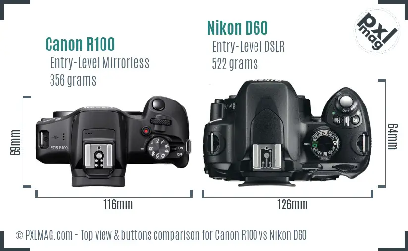 Canon R100 vs Nikon D60 top view buttons comparison Canon R100 vs Nikon D60 top view buttons comparison