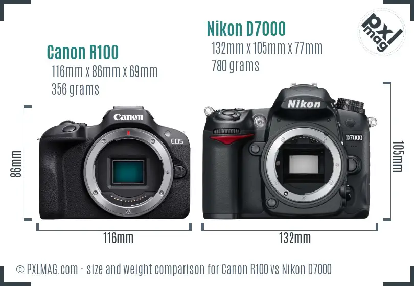 Canon R100 vs Nikon D7000 size comparison