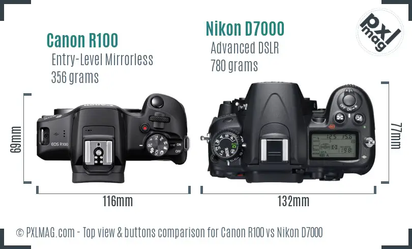 Canon R100 vs Nikon D7000 top view buttons comparison
