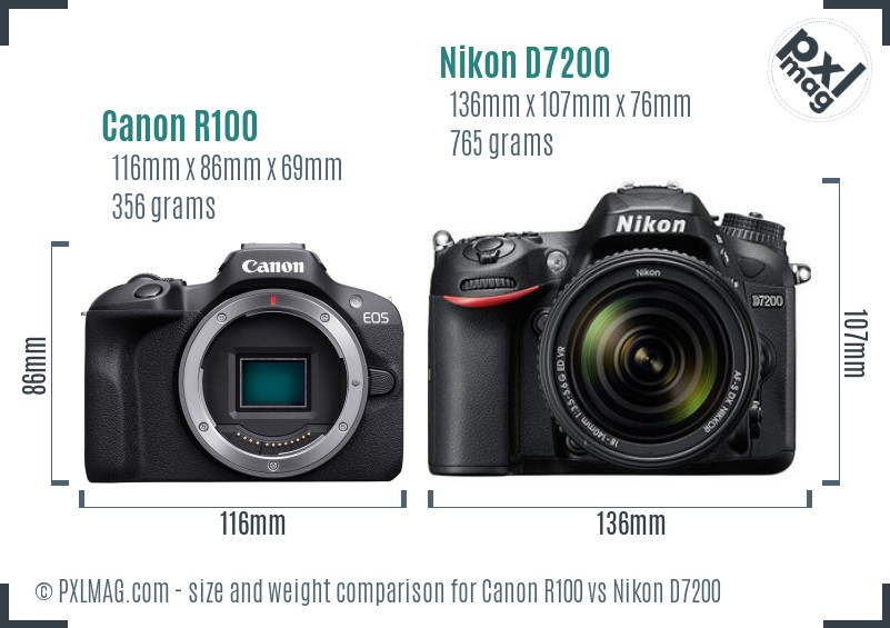 Canon R100 vs Nikon D7200 size comparison