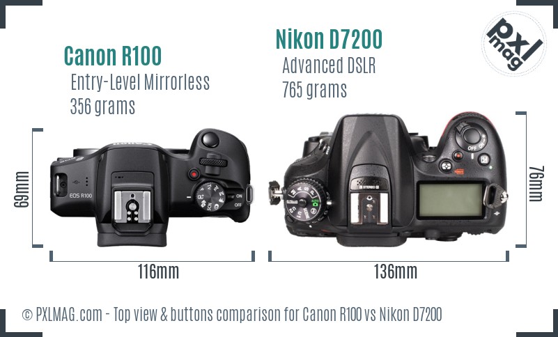 Canon R100 vs Nikon D7200 top view buttons comparison