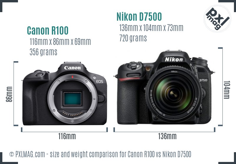 Canon R100 vs Nikon D7500 size comparison