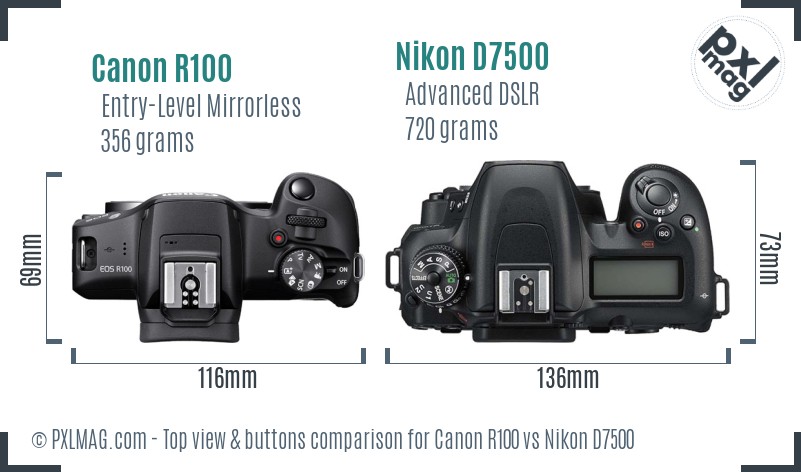 Canon R100 vs Nikon D7500 top view buttons comparison