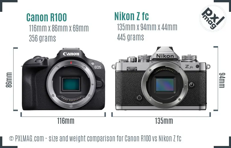 Canon R100 vs Nikon Z fc size comparison