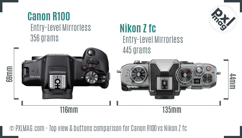 Canon R100 vs Nikon Z fc top view buttons comparison