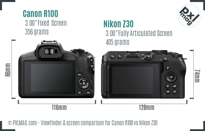 Canon R100 vs Nikon Z30 Screen and Viewfinder comparison