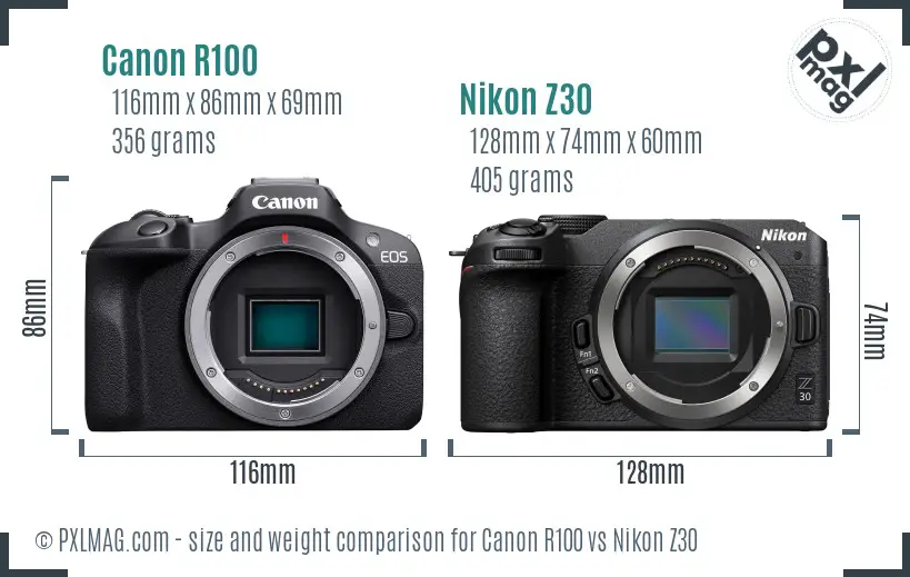 Canon R100 vs Nikon Z30 size comparison