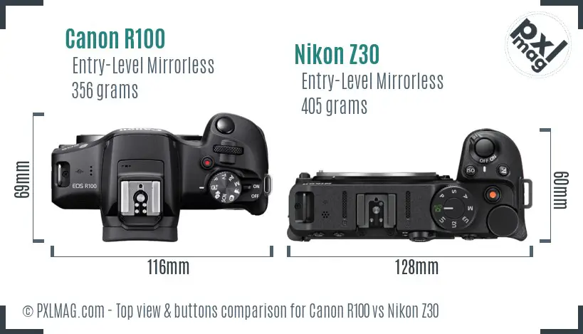 Canon R100 vs Nikon Z30 top view buttons comparison