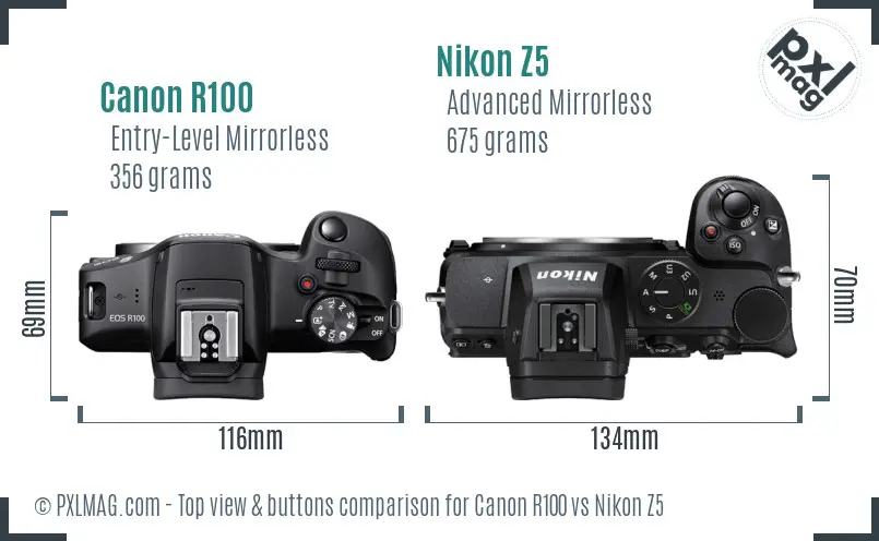 Canon R100 vs Nikon Z5 top view buttons comparison Canon R100 vs Nikon Z5 top view buttons comparison