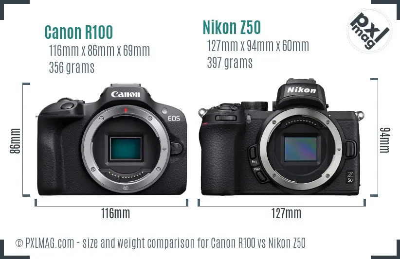 Canon R100 vs Nikon Z50 size comparison