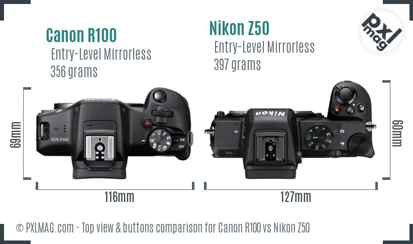 Canon R100 vs Nikon Z50 top view buttons comparison