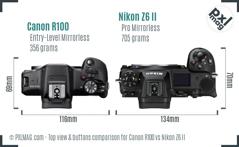 Canon R100 vs Nikon Z6 II top view buttons comparison