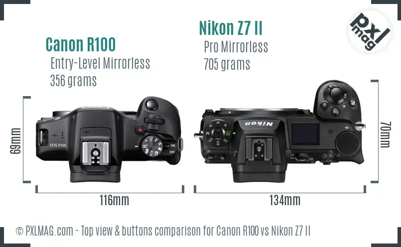 Canon R100 vs Nikon Z7 II top view buttons comparison