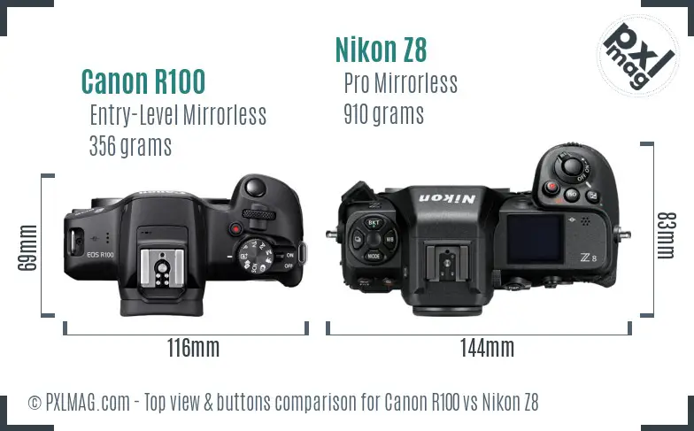 Canon R100 vs Nikon Z8 top view buttons comparison