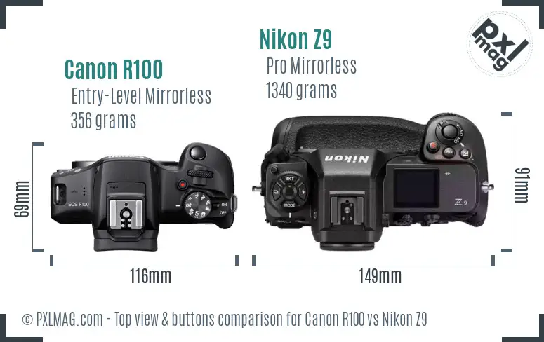 Canon R100 vs Nikon Z9 top view buttons comparison