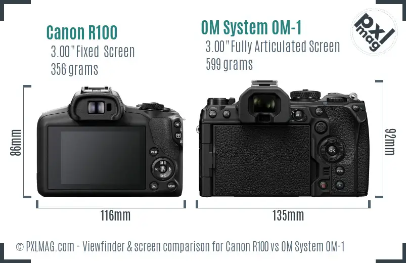 Canon R100 vs OM System OM-1 Screen and Viewfinder comparison