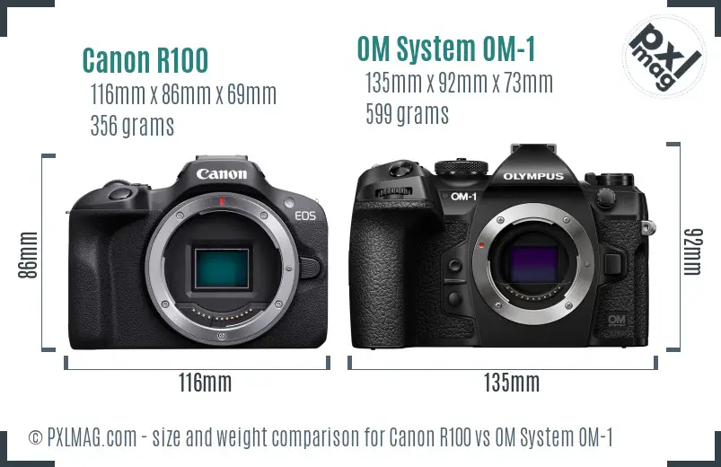 Canon R100 vs OM System OM-1 size comparison