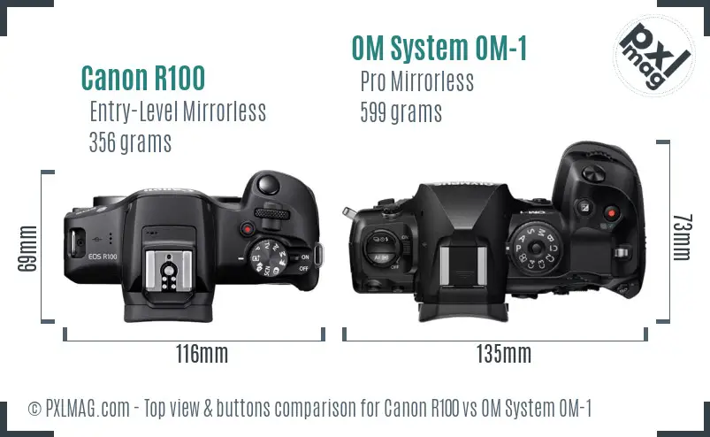 Canon R100 vs OM System OM-1 top view buttons comparison