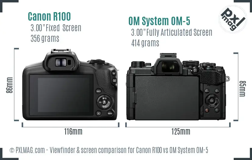 Canon R100 vs OM System OM-5 Screen and Viewfinder comparison