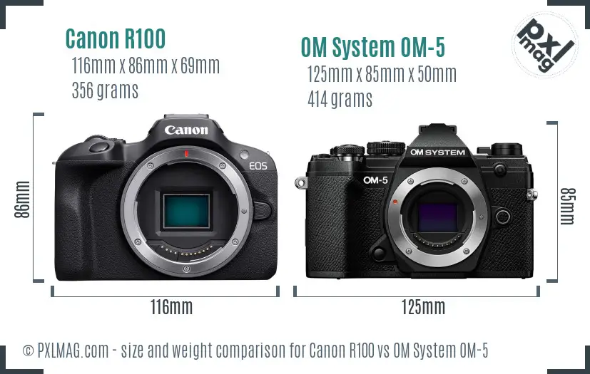 Canon R100 vs OM System OM-5 size comparison