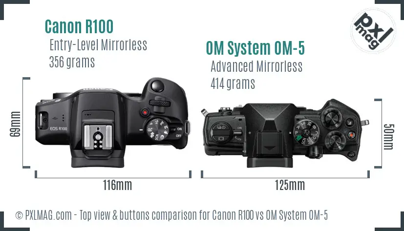 Canon R100 vs OM System OM-5 top view buttons comparison