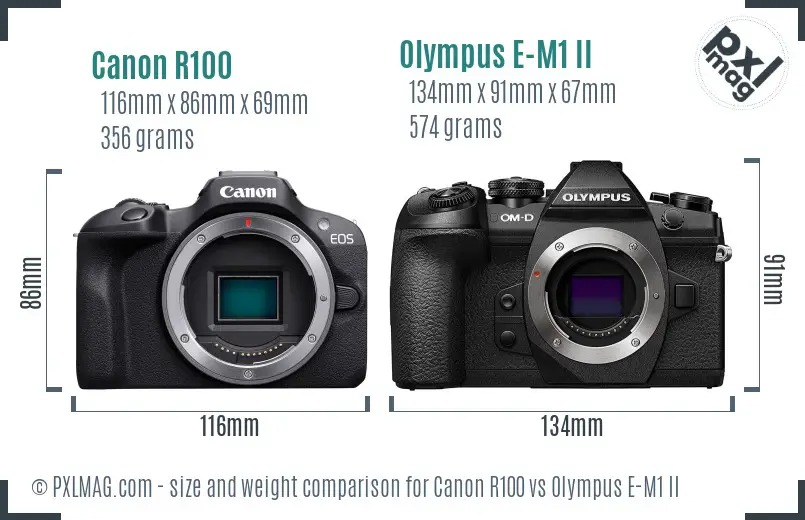 Canon R100 vs Olympus E-M1 II size comparison