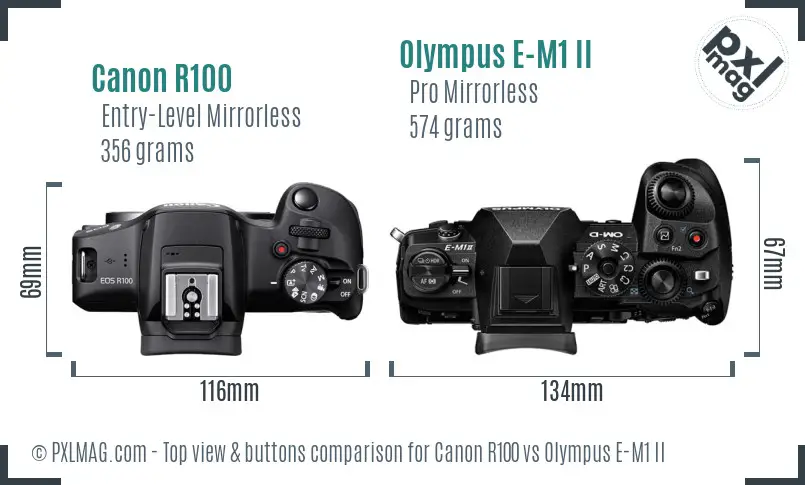 Canon R100 vs Olympus E-M1 II top view buttons comparison