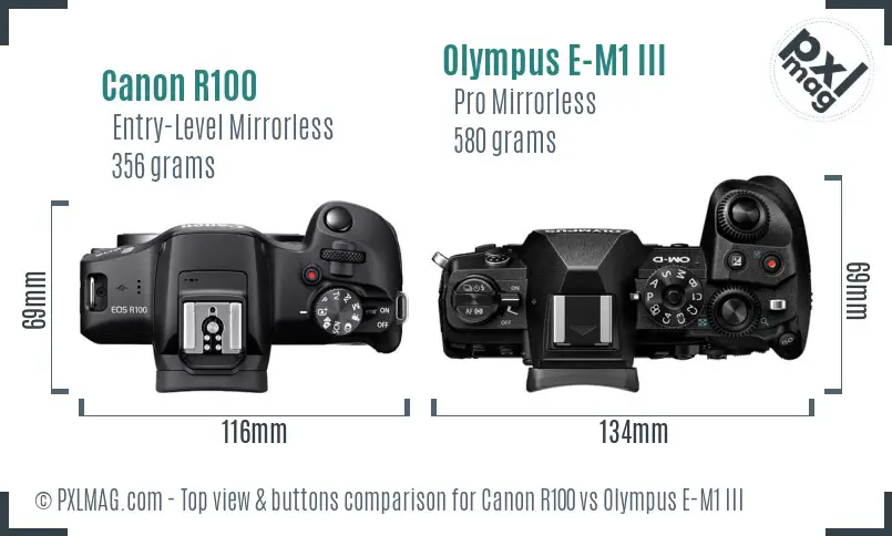 Canon R100 vs Olympus E-M1 III top view buttons comparison