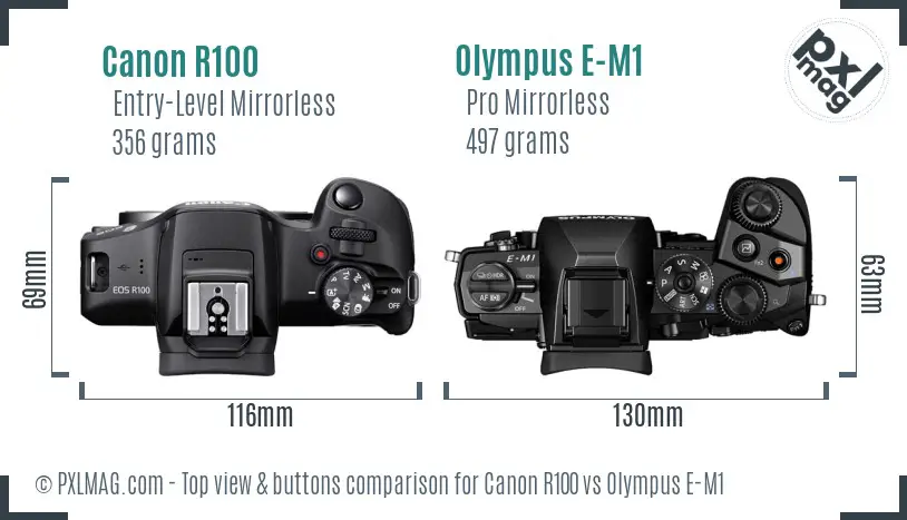 Canon R100 vs Olympus E-M1 top view buttons comparison