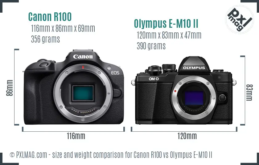 Canon R100 vs Olympus E-M10 II size comparison Canon R100 vs Olympus E-M10 II size comparison
