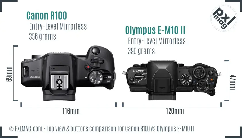 Canon R100 vs Olympus E-M10 II top view buttons comparison Canon R100 vs Olympus E-M10 II top view buttons comparison