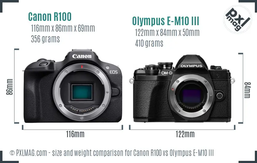 Canon R100 vs Olympus E-M10 III size comparison Canon R100 vs Olympus E-M10 III size comparison