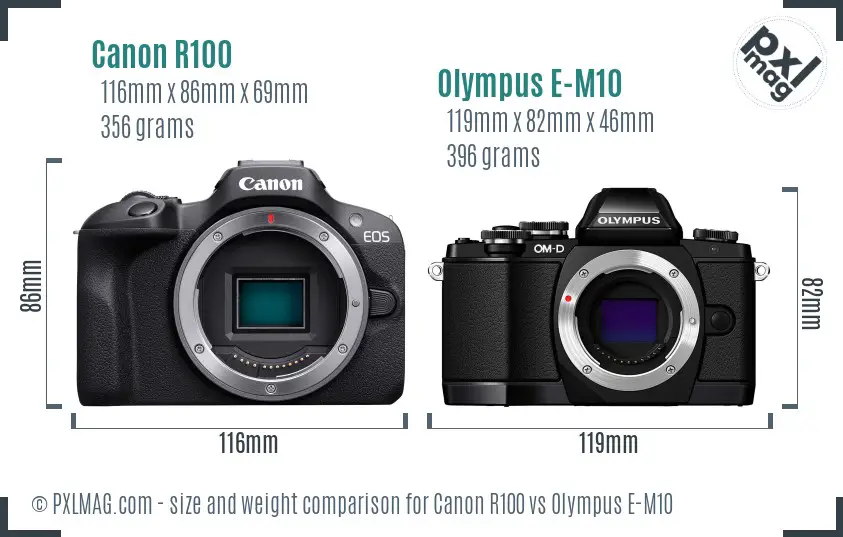 Canon R100 vs Olympus E-M10 size comparison