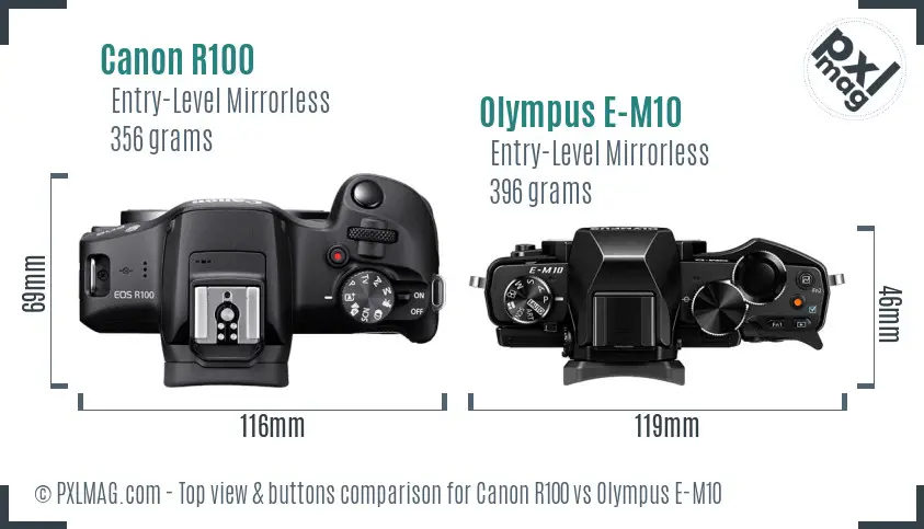 Canon R100 vs Olympus E-M10 top view buttons comparison