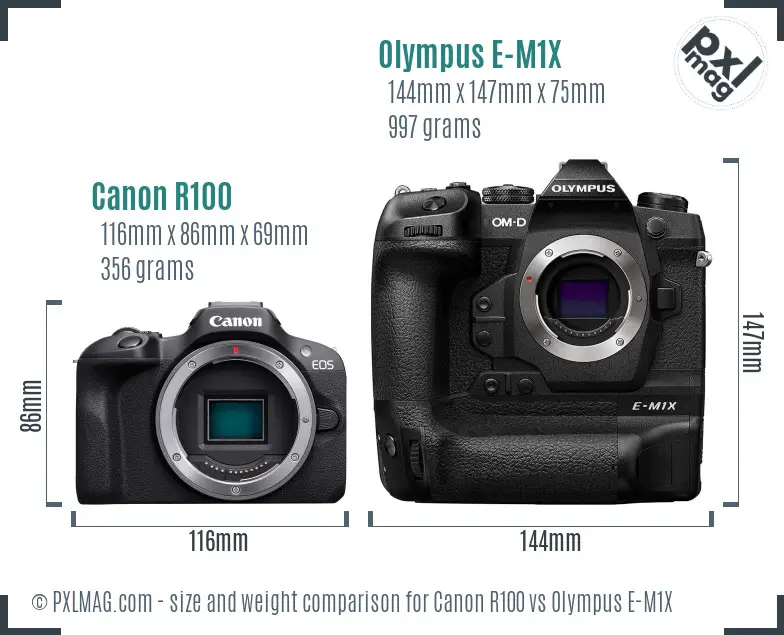 Canon R100 vs Olympus E-M1X size comparison Canon R100 vs Olympus E-M1X size comparison